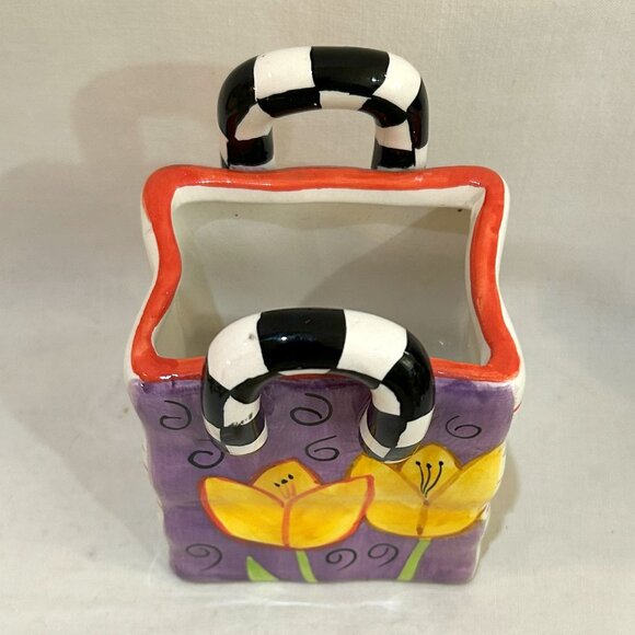 Milson & Louis Ceramic Purse Tote Bag Planter Vase Hand Painted Yellow Tulip - Picture 6 of 9